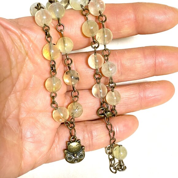 Natural Yellow Green Prehnite Necklace, Bronze Fortune Cat + Genuine Gemstone - Picture 16 of 16
